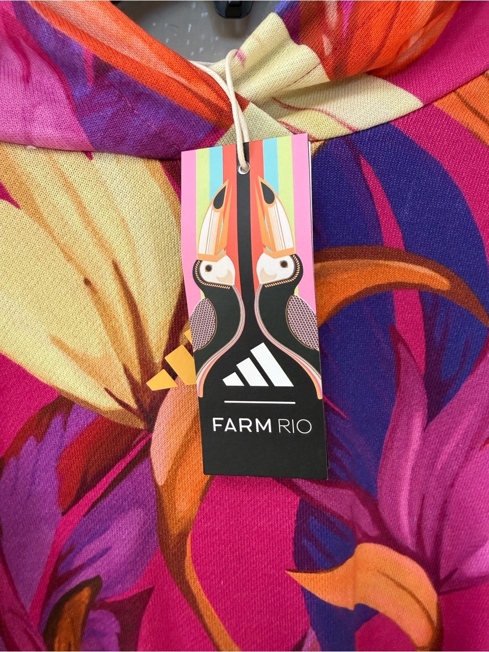 Adidas x Farm Rio Women’s XS Cropped Hoodie Pink Birds of Paradise Sweatshirt - Picture 3 of 5